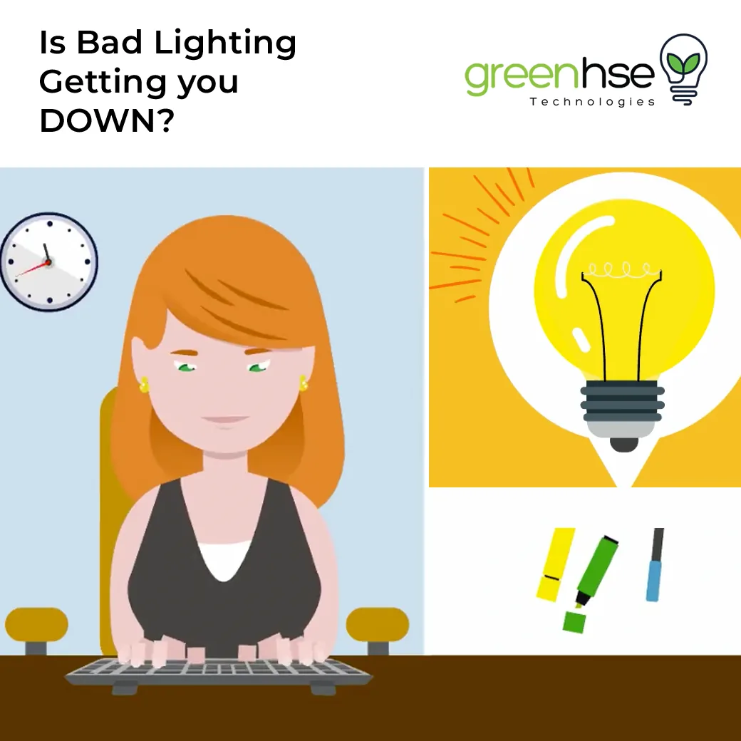 Is bad lighting getting you down? Illustration of a woman working at a keyboard beside a bright light bulb graphic with the Greenhse Technologies logo