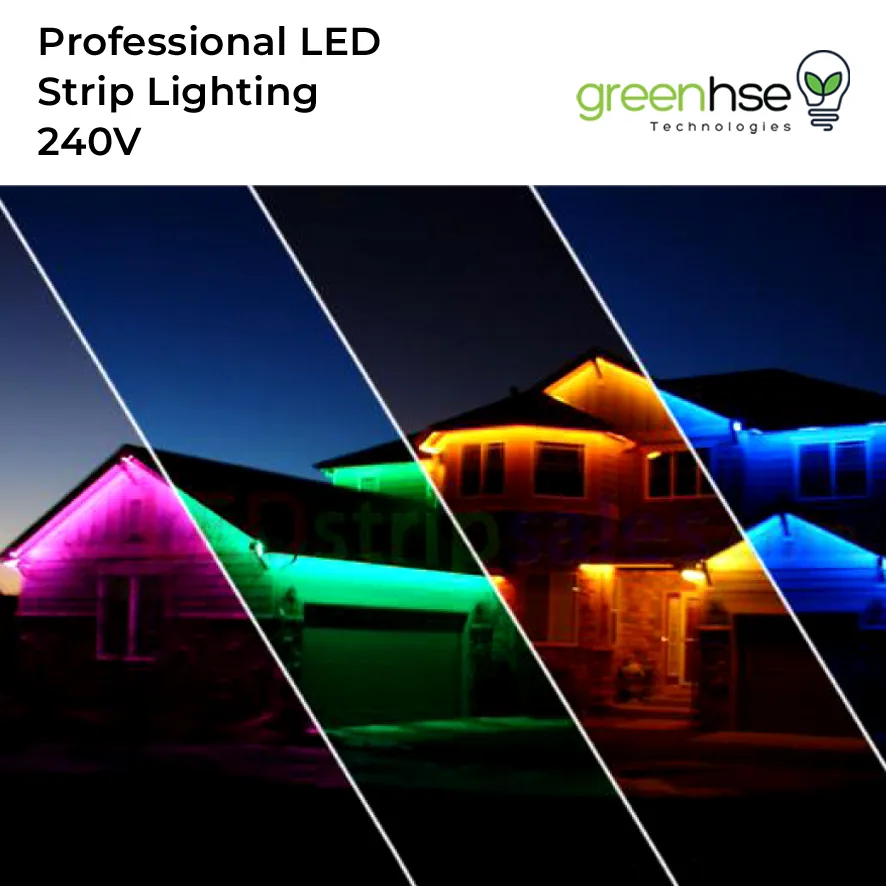 Professional 240V LED strip lighting outlining a house in pink, green, orange and blue