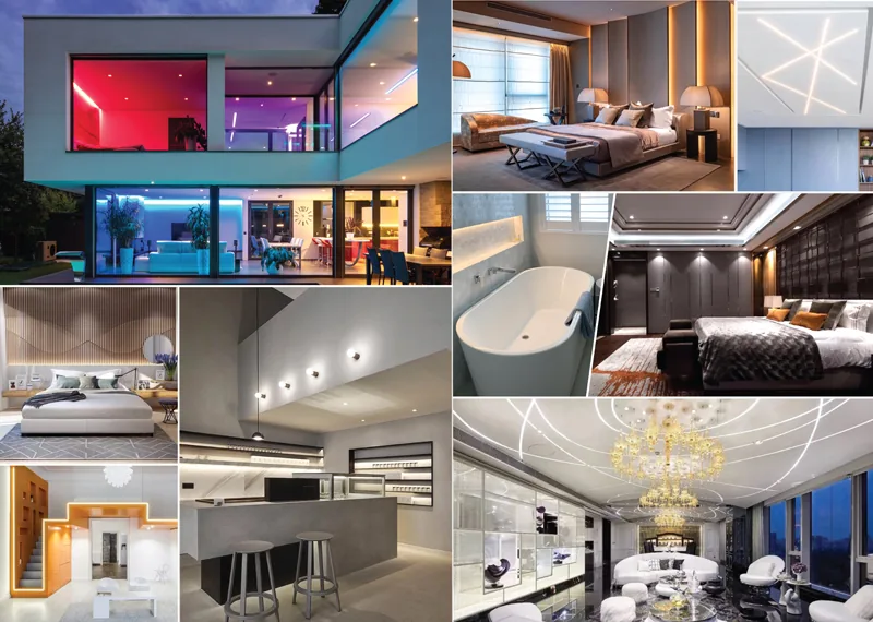 Collage of strip lighting mood effects in bedrooms, bathrooms, kitchens and building exteriors