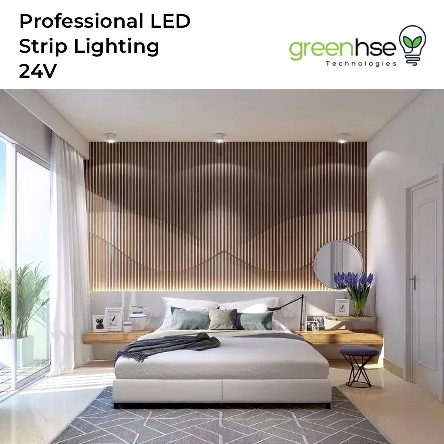 Professional 24V LED strip lighting washing a timber feature wall in a bedroom