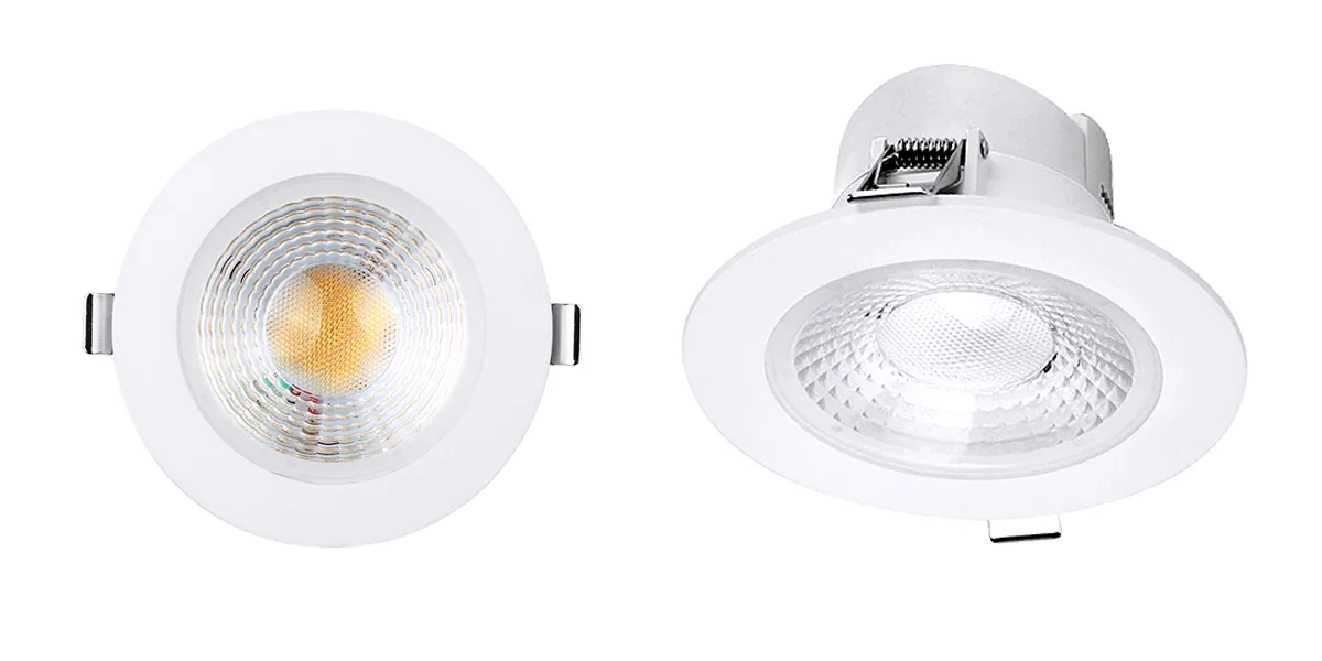 DL10P low glare LED downlight with deep lens, front and side view