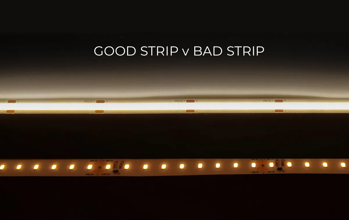 Good quality LED strip with even light compared with a poor strip showing visible dots