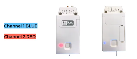 Dual receiver module showing channel 1 blue and channel 2 red indicator lights