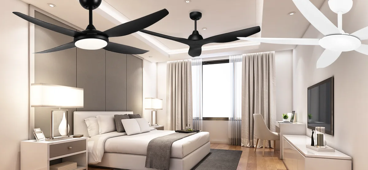 Black and white DC ceiling fans with and without LED light in a bedroom